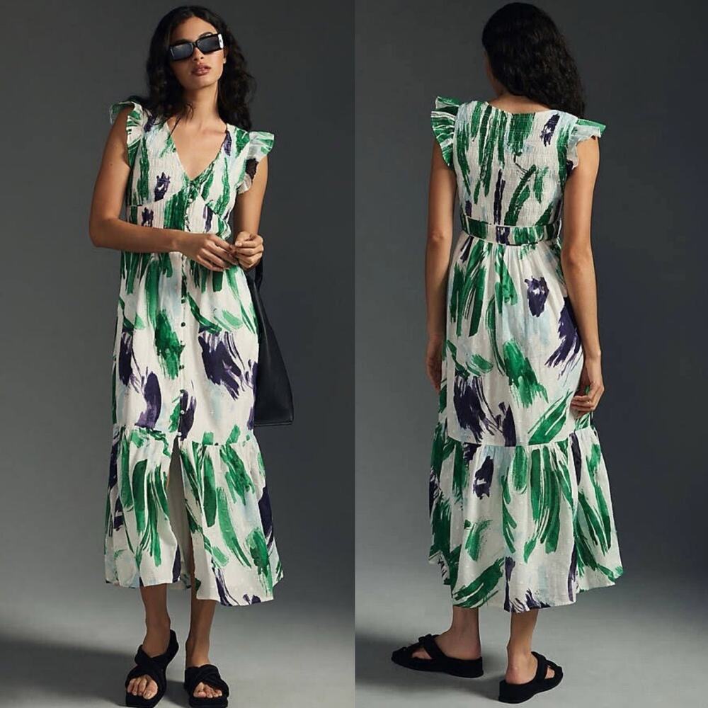 Anthropologie Womens The Peregrine Maxi Dress XS Green Flutter Sleeve Abstract